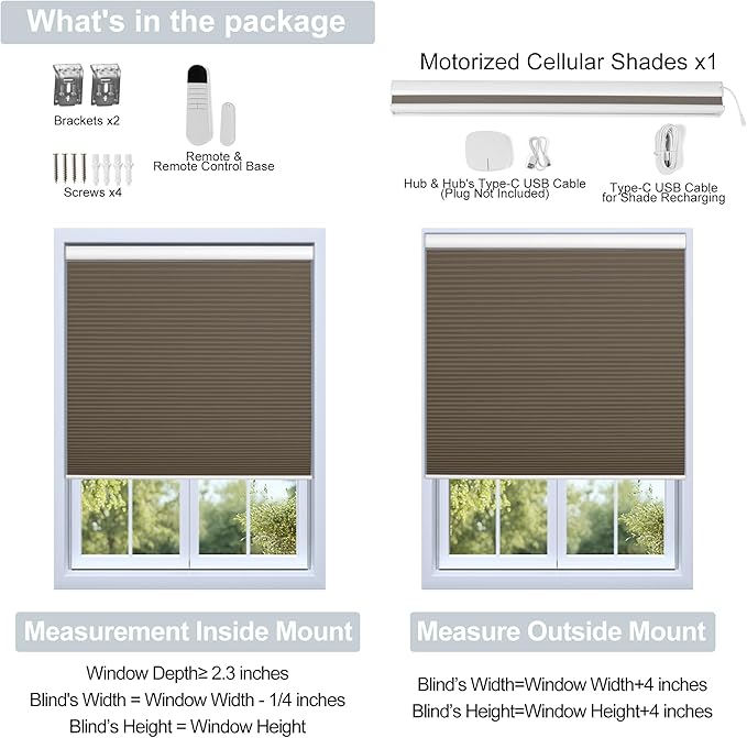 BERISSA Motorized Cellular Shades, Blackout Smart Honeycomb Blinds with Remote Control & Hub, Custom Room Darkening Automatic Cellular Window Blinds for Home Office, Living Room, Door,Brown