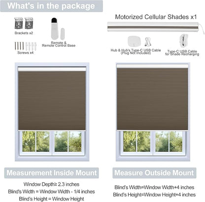 BERISSA Motorized Cellular Shades, Blackout Smart Honeycomb Blinds with Remote Control & Hub, Custom Room Darkening Automatic Cellular Window Blinds for Home Office, Living Room, Door,Brown