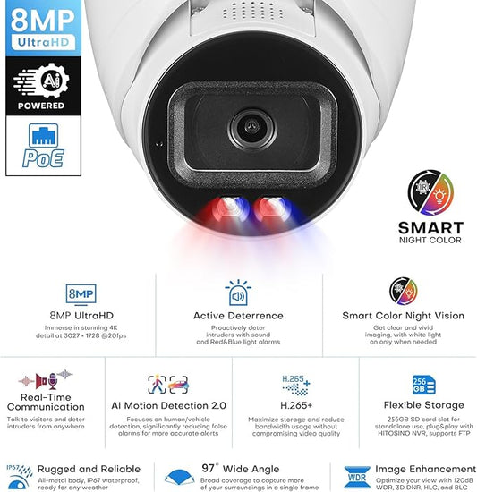 DahuaSecurity 4K 8MP PoE IP Camera, Strobe Red & Blue Light and Audio Alarm, Metal Turret Security Camera Outdoor, Two Way Audio, Color Night Vision, Human Vehicle Detection, 2.8mm Lens, IP67