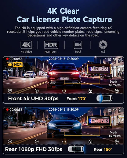 COOLCRAZY Dash Cam Front Rear - 4K+1080P Full HD Dashcam Free 64GB Card, with 5G WiFi GPS, Dual Dash Camera for Cars with 3" IPS Screen, Night Vision, HDR, App Control, 24H Parking Mode, Loop Record