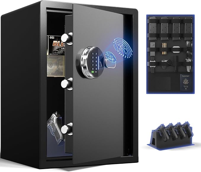 Grimtron 35LB Biometric 4 Pistols Safe with Fingerprint Lock, 3-8 Digit PIN | 2-in-1 Storage for 4 Pistols & Valuables, 2.04 Cu Ft Capacity, 30 Fingerprints, All-Metal Knob, Silent Mode & Type-C Power