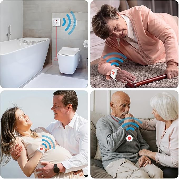 Bathroom Pull Cord Alarm with Dual Receivers Waterproof Wrist SOS & Neck Call Buttons Long Range Nurse Emergency Alert with Strobe Light for Elderly Home & Hospital Care