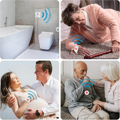 Bathroom Pull Cord Alarm with Dual Receivers Waterproof Wrist SOS & Neck Call Buttons Long Range Nurse Emergency Alert with Strobe Light for Elderly Home & Hospital Care