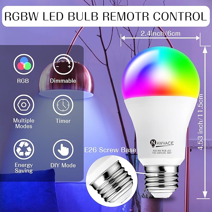 LED Color Changing Light Bulb with Remote Control, 60W Equivalent RGB Bulbs, 8W Dimmable E26 A19 2700K-6000K Warm White Indoor/Outdoor Colored Light Bulbs for Bedroom, Living Room, 2-Pack
