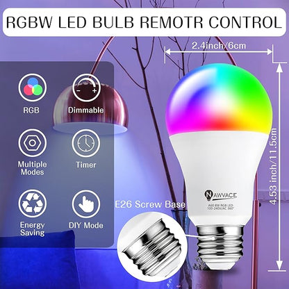 LED Color Changing Light Bulb with Remote Control, 60W Equivalent RGB Bulbs, 8W Dimmable E26 A19 2700K-6000K Warm White Indoor/Outdoor Colored Light Bulbs for Bedroom, Living Room, 2-Pack