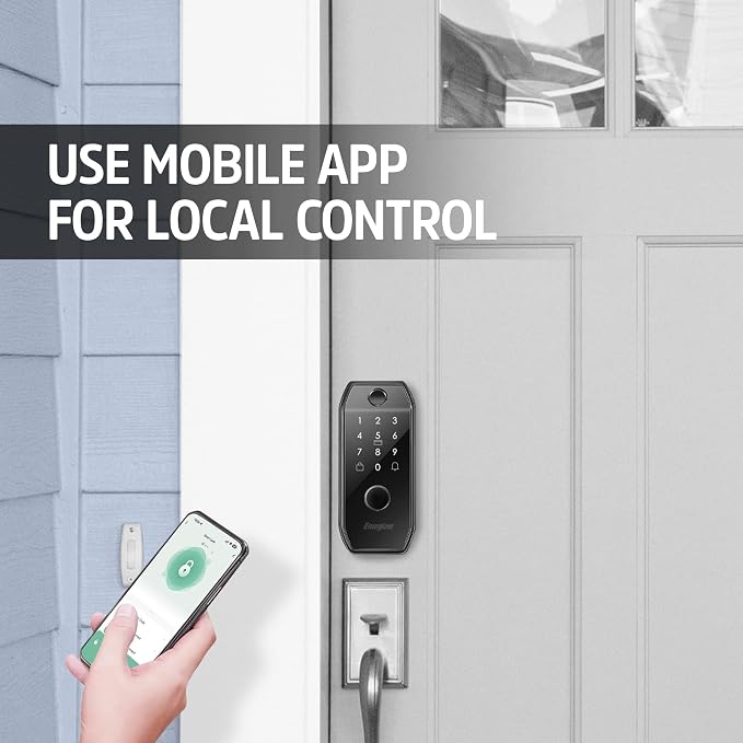 Energizer Smart Door Lock, Deadbolt with Keyless Fingerprint Entry, App Control, Anti-Peep Passcode Touchscreen, 2 Key Fobs & 2 Keys, Holds 50 Fingerprints, One-Touch & Auto-Lock, Doorbell