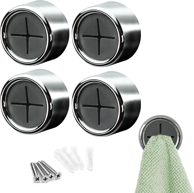S&T INC. Adhesive Push Towel Hooks, 4 Pack, Grey | 2 Installation Options, Round Hooks for Kitchen, Bathroom, Garage and Home Use, Organization Hooks, Strong Grip