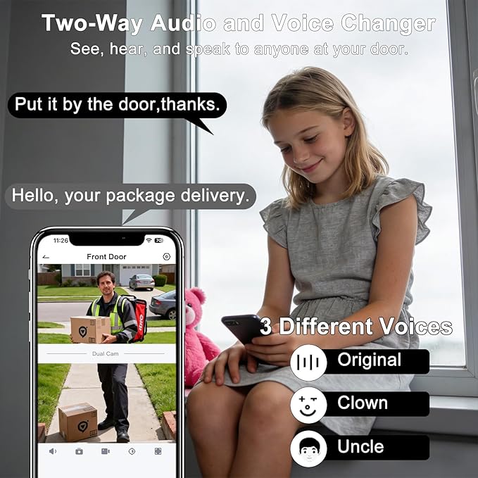 Doorbell Camera Wireless ,2K HD Dual Cameras &Head-to-Toe View ,Battery Powered/Wired Video door bell with Chime,No Subscription,Delivery Guard,Motion Detection,Works with Alexa&Google(Only 2.4G WIFI)