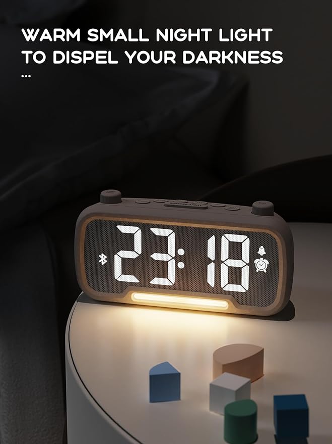 ROCAM Clock Radio, FM Radio Alarm Clock for Bedroom Modern Design, Auto Scan 20 Presets Auto-Off Sleep Timer, Bluetooth Speaker, Night Light, USB Ports, Brightness Dimmer