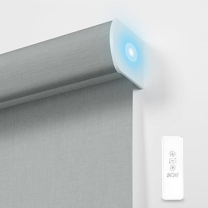 BERISSA Motorized Blinds with Remote,Blackout Smart Blinds for Windows,Linen Fabric,Remote Control,Thermal Insulated Automatic Blinds,Electric Blinds with USB/Solar Pannel.Light Grey