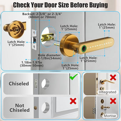 Smart Door Lock with Knob, Keyless Entry Door Locks with Handle, Fingerprint Door Knob for Bedroom/Front Door/Apartment,Generate Passcode Gold