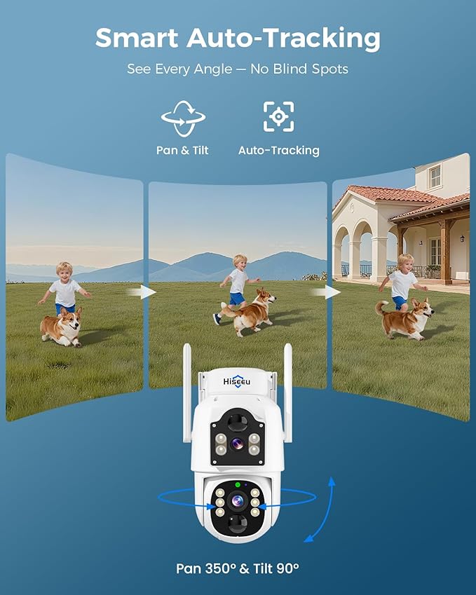 Hiseeu Solar Security Cameras Wireless Outdoor, Auto Tracking Dual-Lens Wireless Cameras for Home Security with 10" Touchscreen, 2.4 & 5GHz WiFi Pro 4MP 4 Cam-Kit, 2 Way Audio, 1TB HDD, 0 Monthly Fee