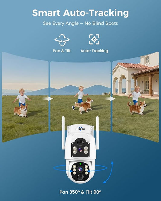 Hiseeu Solar Security Cameras Wireless Outdoor, Auto Tracking Dual-Lens Wireless Cameras for Home Security with 10" Touchscreen, 2.4 & 5GHz WiFi Pro 4MP 4 Cam-Kit, 2 Way Audio, 1TB HDD, 0 Monthly Fee