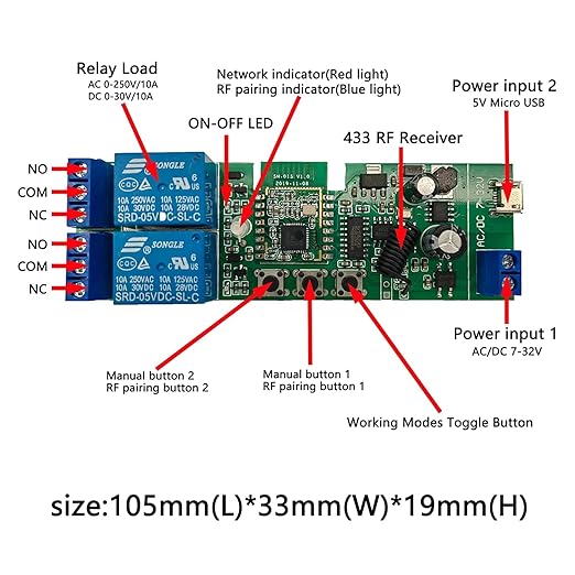 Zigbee Tuya Smart 2 Channel Smart Relay Module with 433RF Remote Control USB 5V 7-32V Jog/Lock Switch Compatible with Alexa Google Home (Requires ZigBee Hub)