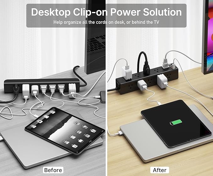 CCCEI Standing Desk Clamp Power Strip with 15 Outlets, Widely Spaced Desktop Edge Mount Surge Protector Outlet, Fast Charging USB-A and USB-C Ports, 6 FT Flat Plug, Black Fit 1.6 inch Table top.