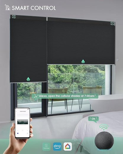 Yoolax Motorized Cellular Shades Compatible with Alexa, Blackout Motorized Blinds with Remote Smart Honeycomb Shades for Indoor Windows, Automatic Blinds Custom Size (Noir)