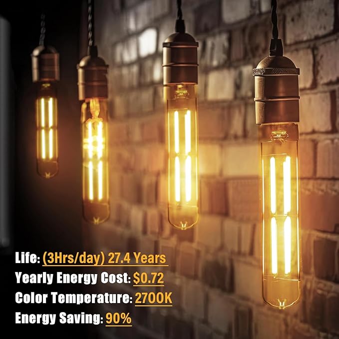 8.9IN LED Light Bulbs E26 Base, 6W 800LM 2700K Soft White T10 T9 Vintage Edison Bulbs Dimmable, AC 120V Equal 80 Watt Clear Glass Long Tubular Filament Bulb, UL Certified - 2Pack