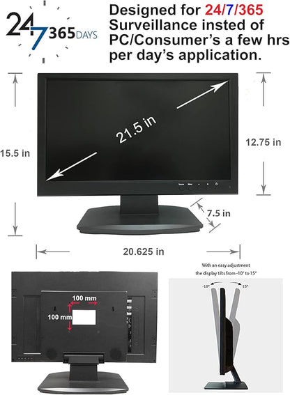 1stPV 21.5" SuperHD 5MP/2592x1944 16:9 Professional Security Monitor, 1 HDMI, 2 BNC Inputs(HD-TVI/AHD/CVI/CVBS) & 2 BNC Outputs, working with 5MP security cameras directly in addition to DVR/NVR & PC