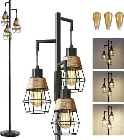 Oneach 70" Floor Lamps for Living Room, Stepless Dimmable Boho Floor Lamp with 3 Bulbs, Tall Farmhouse Industrial Corner Standing Tree Lamp for Bedroom, Office, Study Room, Dining Room, Black