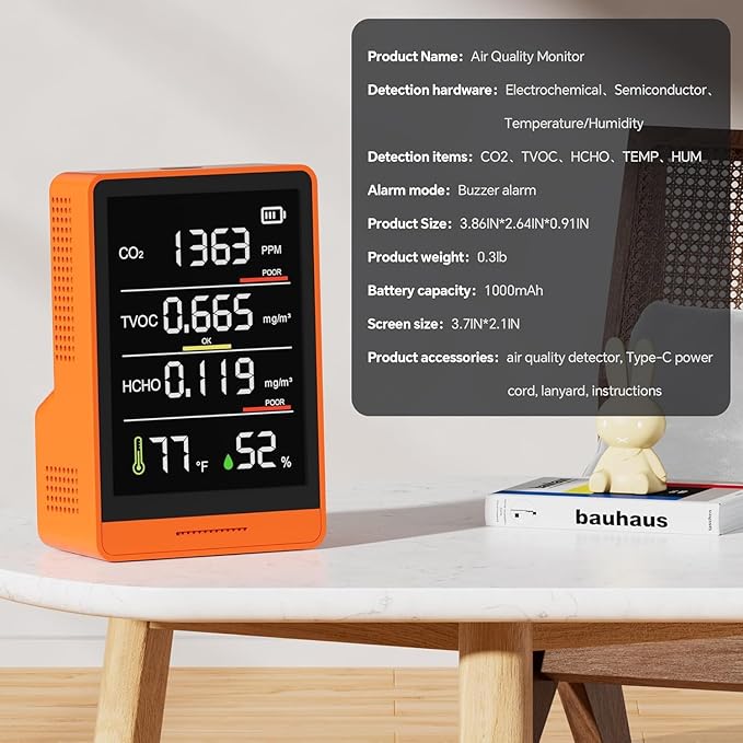 5-in-1 Professional Indoor Air Quality Monitor Indoor Portable CO2 Monitor | Temperature | Formaldehyde Detector | Humidity TVOC | Air Quality Tester - Confined Space Clean Air Monitor (Orange)