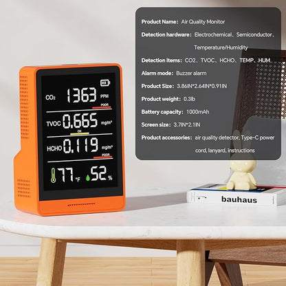 5-in-1 Professional Indoor Air Quality Monitor Indoor Portable CO2 Monitor | Temperature | Formaldehyde Detector | Humidity TVOC | Air Quality Tester - Confined Space Clean Air Monitor (Orange)