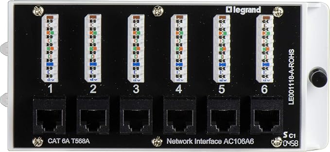 Legrand - OnQ Home Theater Patch Panel, 6 Port Interface Module, Cat 6A Network Patch Panel for Wired Ethernet Connection, Black, AC106A6
