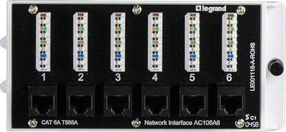 Legrand - OnQ Home Theater Patch Panel, 6 Port Interface Module, Cat 6A Network Patch Panel for Wired Ethernet Connection, Black, AC106A6