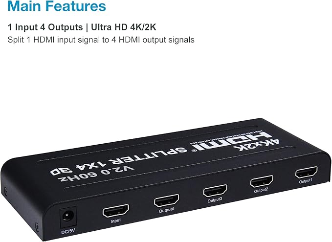 1x4 HDMI Splitter | 4 Port | 1 in - 4 Out | Ultra HD 4K/2K @ 60Hz (60 fps), HDR | HDMI 2.0, HDCP 2.2 | Full HD/3D | 1080P | DTS | Digital Sound | Direct TV | 18 Gbps