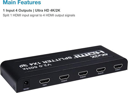 1x4 HDMI Splitter | 4 Port | 1 in - 4 Out | Ultra HD 4K/2K @ 60Hz (60 fps), HDR | HDMI 2.0, HDCP 2.2 | Full HD/3D | 1080P | DTS | Digital Sound | Direct TV | 18 Gbps