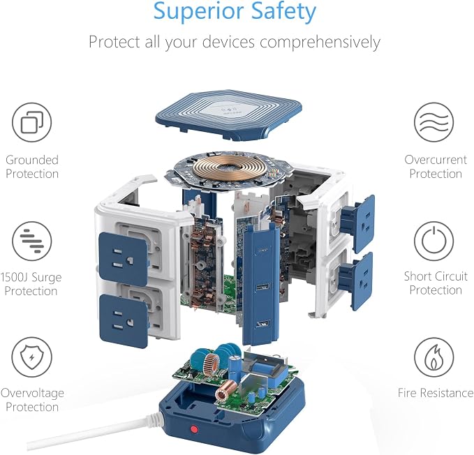 PD 20W USB C Power Strip with Wireless Charger BESTEK 8-Outlet Surge Protector and 30W 3-Port USB Charging Dock Station,4000 Joules,ETL Listed,Dorm Room Accessories (8AC+3USB+Wireless Charger-Blue)