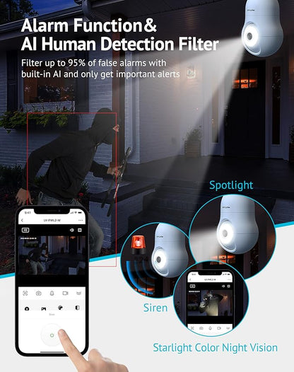 LaView 4G LTE Cellular Light Bulb Security Camera,360°2K Security Cameras Wireless Outdoor Indoor 4MP Full Color Day and Night,Motion Detection, Audible Alarm,Easy Installation,Compatible with Alexa