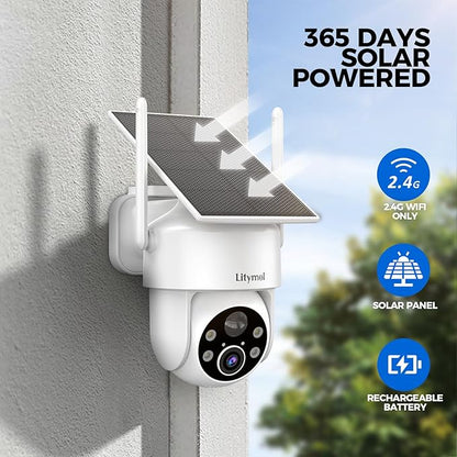 LITYMOL 2K 360° View Security Cameras Wireless Outdoor, Solar Cameras for Home Security, Color/IR Illumination Night Vision, AI Detection, 2-Way Audio, Siren Alarm, SD/Cloud Storage, 2.4g WiFi