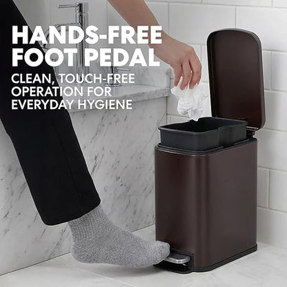 SIMPLI-Magic 6L/1.6G Stainless Steel Bathroom Trash Can with Hands-Free Foot Pedal, Quiet Soft-Close Lid, Compact Space-Saving Size