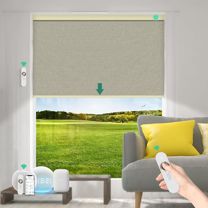Motorized Blinds with Remote [100% Blackout & Silent Motor] Smart Blinds Compatible with Alexa Google HomeKit, Electric Roller Shades for Indoor Windows, Customized Size, Mist Brown