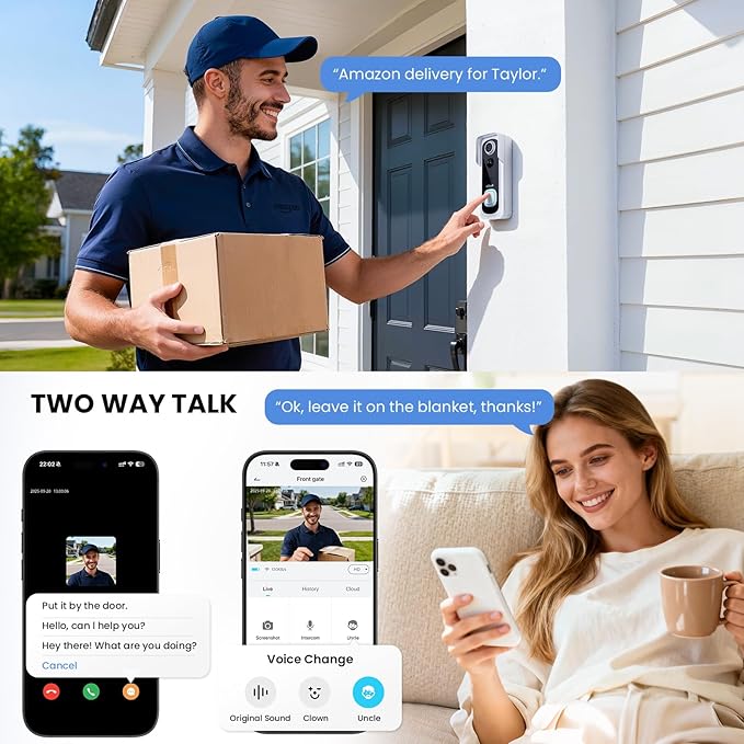 ieGeek Doorbell Camera Wireless No Subscription, 2K 3MP HD View, 2-Way Talk, PIR Motion Detection, Wireless Video Doorbell with Chime, Only Supports 2.4GHz WiFi, Local & Cloud Storage, White