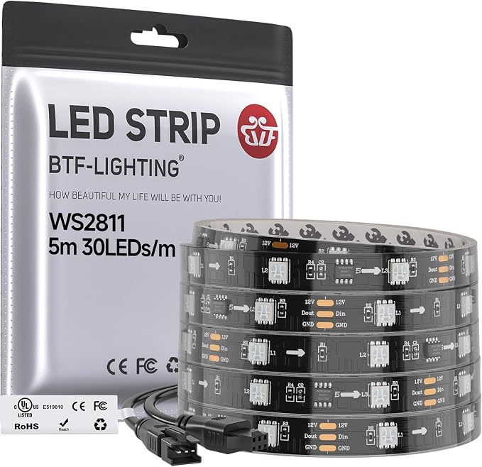 BTF-LIGHTING WS2811 Addressable RGB LED Strip 16.4FT 150LED DC12V IP67 | 50Pixels IC=RGB+IC UL Listed Black PCB Flexible Chasing Effect for Indoor Home Decor(No Adapter or Controller)