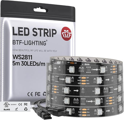 BTF-LIGHTING WS2811 Addressable RGB LED Strip 16.4FT 150LED DC12V IP67 | 50Pixels IC=RGB+IC UL Listed Black PCB Flexible Chasing Effect for Indoor Home Decor(No Adapter or Controller)