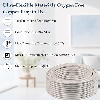 XRDS -RF 18AWG 5 Conductor Thermostat Wire 75FT, Solid Copper, 18 Gauge 5 Wire for Thermostat, HVAC, Heating and Cooling, White Jacket (10FT / 20FT / 25FT / 30FT / 50FT / 75FT / 100FT)