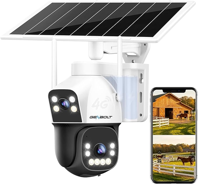GENBOLT 4G AOV Cellular Solar Security Camera Outdoor Wireless, 7/24 Recording 3MP+3MP No WiFi IP Surveillance Camera with Sim Card, 8W 15600mAh Battery Operated LTE Camera CCTV