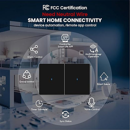 Smart Light Switch Need Neutral Wire,FCC Certified,2.4GHz WiFi Push Button Switch Compatible with Alexa,APP Control Compatible with Tuya/Smart Life,Black 2 Gang