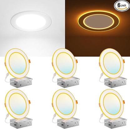 Amico 6 Pack 6 Inch 5CCT LED Recessed Ceiling Light with Double Ring Night Light, 2700-5000K Selectable Ultra-Thin Recessed Lighting, 12W=110W, 1100LM, Dimmable Canless Wafer Downlight, ETL, FCC