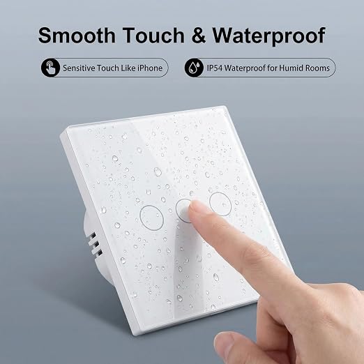 3-Way Smart Switch Wall Light Control Touch,App Remote Control,White | 3-Way WiFi BT 433MHz RF Tuya App control, Alexa Google voice, no hub, tempered glass touch panel for home indoor lights
