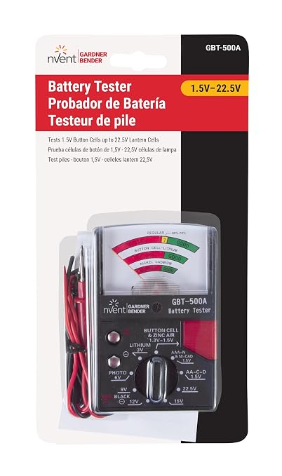 Gardner Bender GBT-500A Analog 1.5 V Button Cell/22.5 Photo/AA/AAA/12 V/9 V/Lantern Cells & More, Leads Battery Tester,14 Battery Range, Black