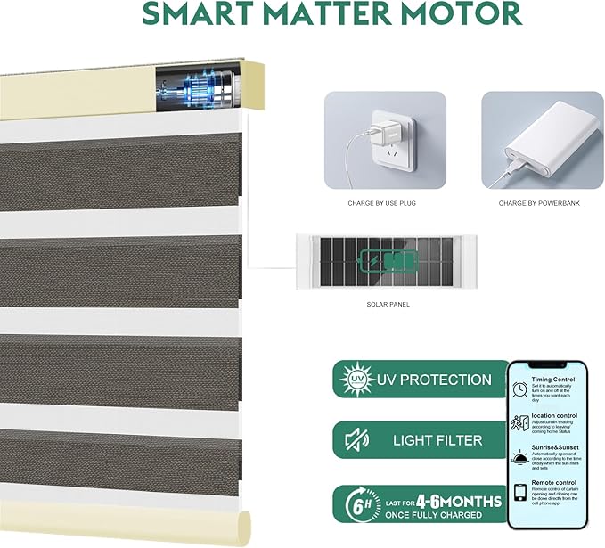 Motorized Zebra Blinds with Remote [Dual Layer + Light Filtering] 95% Blackout Smart Shades for Indoor Windows, Alexa Google and HomeKit Compatible, Customized Size, Equinox Drift