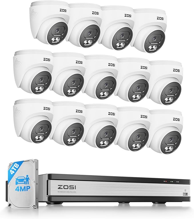 ZOSI C220 16CH 4K PoE Home Security Camera System, 16CH 8MP 4K NVR with 4TB HDD for 24/7 Record, 14 x 4MP(1440p) QHD 2.5K Dome IP Cameras Outdoor Indoor, Smart AI Human Detection, Two-Way Audio
