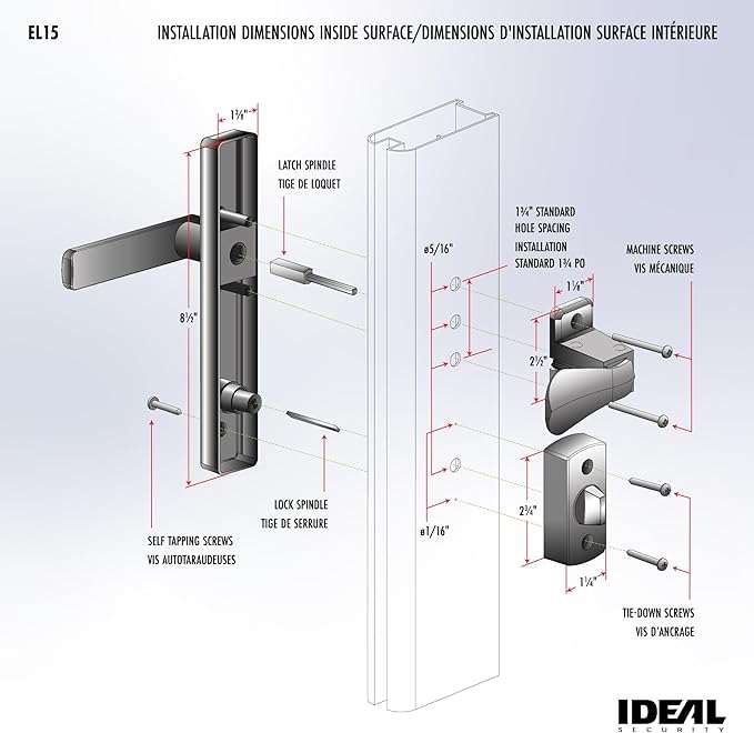 Ideal Security EL Keyed Lever Mount Latch with Deadbolt, Surface Mount Storm Door Handle Replacement, 2 Posts with Tie Down Screw, Matte Black