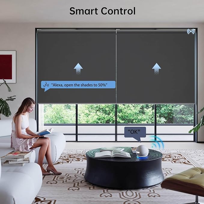Motorized Coupled Shades, Blackout Smart Blinds for Large Windows Automatic Blinds Compatible with Alexa, Motorized Roller Shades Customized for Bedroom Home Office(Blackout-Fabric Dark Grey)