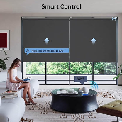 Motorized Coupled Shades, Blackout Smart Blinds for Large Windows Automatic Blinds Compatible with Alexa, Motorized Roller Shades Customized for Bedroom Home Office(Blackout-Fabric Dark Grey)