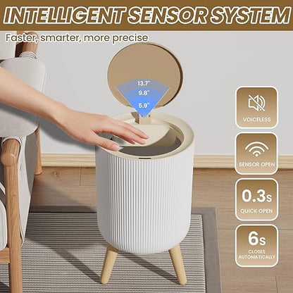 Automatic Bathroom Small Trash Can with Lid, 2.38 Gal Smart Motion Sensor Wastebasket, Waterproof Garbage Can with Legs and Wood Grain Top for Kitchen,Bedroom,Office,Desk, Living Room, RV
