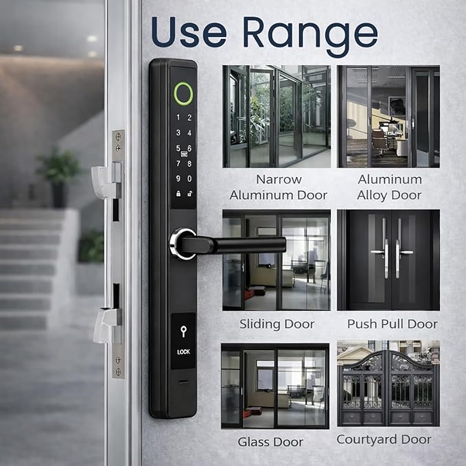 Smart Door Lock with Handle - Keyless Entry Fingerprint & Touchscreen Keypad - App Control, Alexa & Google Home Compatible - Waterproof Sliding Door Patio, Wood, Aluminum Slim Door - DIY Black